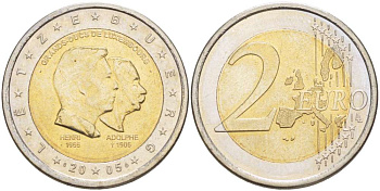 Люксембург 2 евро 2005 50-лет правящему монарху Анри Нассау, 100-летие со дня смерти герцога Люксембургского Адольфа KM 87 биметалл UNC 4517-726