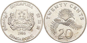Сингапур 20 центов 1986 KM 52 медно-никель 219-1024