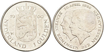 Нидерланды 1 гульден 1980 Коронация Беатрикс 30 апреля 1980 KM 200 никель 4575-1214