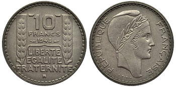 Франция 10 франков 1948 В, тип Пьер Турин KM 909.2, Le Franc 362.4 медно-никель 27-832