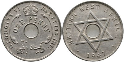 Британская Западная Африка 1 пенни 1947 Георг VI (1937-1952) KM 19 медно-никель 1523-242