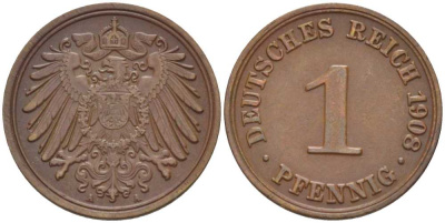 ГЕРМАНИЯ 1 ПФЕННИГ 1908 A KM 10, J. 10, Weege 2 медь 211-525