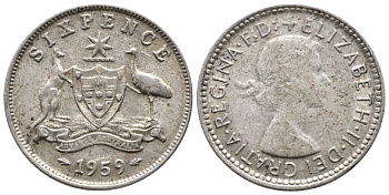 АВСТРАЛИЯ 6 ПЕНСОВ 1959 KM 58 серебро 177-1247