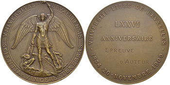 БЕЛЬГИЯ МЕДАЛЬ 1909 75 ЛЕТИЕ БРЮССЕЛЬСКОГО СВОБОДНОГО УНИВЕРСИТЕТА (1834-1909) 20 НОЯБРЯ, ГРАВИРОВКА EPREUVE D'AUTEUR, ДИАМЕТР 65 ММ., МЕДАЛЬЕР G. DE VREESE бронза 00-00