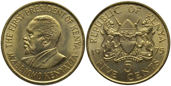 Кения 5 центов 1975 Джомо Кениата KM 10 никель латунь UNC 181-531