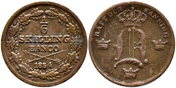 Швеция 1/6 скиллинга 1854 Оскар I (1844-1859) KM 656 медь 4115-339