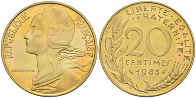 Франция 20 сантимов 1983 тип Марианна KM 930 медь алюминий никель 4116-536