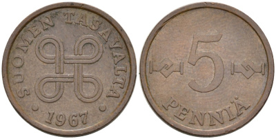 Финляндия 5 пенни 1967 KM 45 медь 4564-864