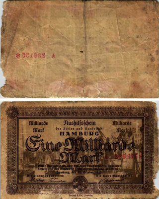 ГЕРМАНИЯ 1000000000 МАРОК 1923 ГАМБУРГ, 12 ОКТЯБРЯ 1923, НОТГЕЛЬД бумага 6299-1-2-1