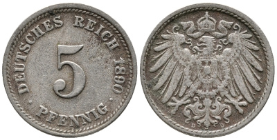 ГЕРМАНИЯ 5 ПФЕННИГОВ 1890 D KM 11, J. 12 медно-никель 39-626