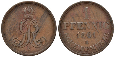 Ганновер 1 пфенниг 1861 B, Георг V KM 233, AKS 156, J. 90 медь 4594-542