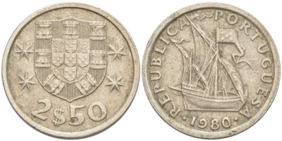 Португалия 2,5 эскудо 1980 парусник KM 590 медно-никель 213-243