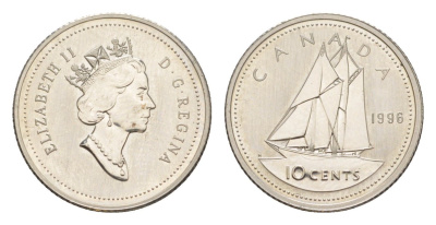 Канада 10 центов 1996 Елизавета II (1952-2022), парусник, specimen KM 183 никель BU 4639-659