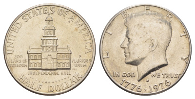 США 1/2 доллара (50 центов) 1976 D, 200 лет независимости, Джон Кеннеди KM 205 медь плакированная медно-никелем aUNC 4565-544