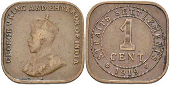 Стрейтс-Сетлментс 1 цент 1919 Георг V (1910-1936) KM 32 бронза 117-927