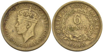Британская Западная Африка 6 пенсов 1940 Георг VI (1936-1952) KM 22 никель-латунь 4588-664