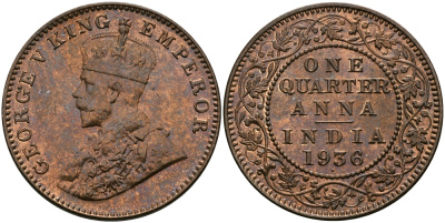 Британская Индия 1/4 анна 1936 Георг V (1910-1936) KM 512 бронза UNC 94-223