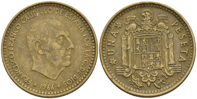 Испания 1 песета 1966 (75) Франциско Франко (1939-1975) КМ 796 алюминиевая бронза 4155-417