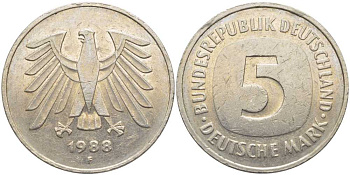 ФРГ 5 МАРОК 1988 F KM 140.1, J. 415 медно-никель плакированный никелем 115-522