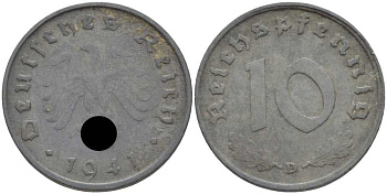 ГЕРМАНИЯ 10 РЕЙХСПФЕННИГОВ 1941 D KM 101, J. 371 цинк 4401-742
