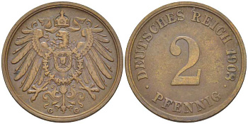 ГЕРМАНИЯ 2 ПФЕННИГА 1908 G KM 16, J. 11, Weege 4 медь 206-549