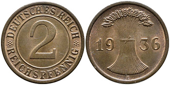 Германия 2 рейхспфеннига 1936 E, Веймарская Республика (1919-1933) KM 38, Jager 314, Weege 4 бронза  aUNC  4546-851