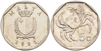 Мальта 5 центов 1991 краб KM 95 медно-никель 4387-824