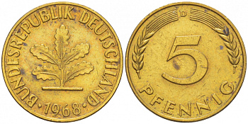 ФРГ 5 ПФЕННИГОВ 1968 D KM 107, J. 382 сталь плакированная латунью 4396-1632