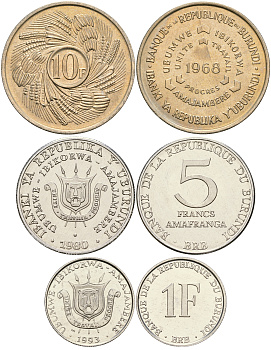 Бурунди лот из 3 монет 1968-1993 1, 5 и 10 франков UNC M76-11
