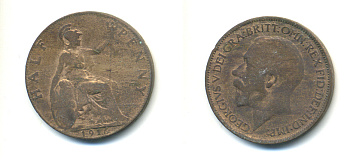 Великобритания 1/2 пенни 1916 Георг V (1910-1936) KM 809, Spink 4056 бронза 83-435