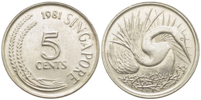 Сингапур 5 центов 1981 большая белая цапля KM 2 медно-никель 105-1251