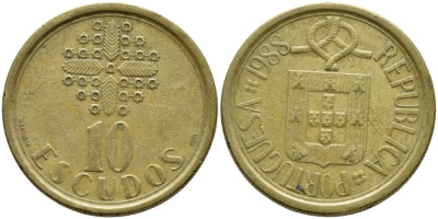 ПОРТУГАЛИЯ 10 ЭСКУДО 1988 KM 633 никель латунь 4395-957