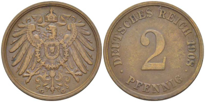 ГЕРМАНИЯ 2 ПФЕННИГА 1908 G KM 16, J. 11, Weege 4 медь 206-549