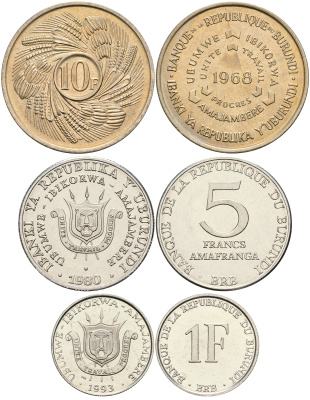 Бурунди лот из 3 монет 1968-1993 1, 5 и 10 франков UNC M76-11