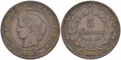ФРАНЦИЯ 5 САНТИМОВ 1897 А, ТРЕТЬЯ РЕСПУБЛИКА (1871-1940) KM 821.1, LE FRANC 118.41 бронза 108-647