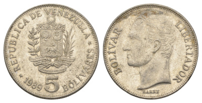 Венесуэла 5 боливаров 1989 Симон Боливар, тонкий шрифт Y 53a.1 сталь плакированная никелем 4661-315