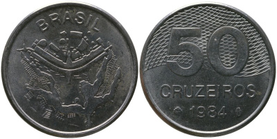 Бразилия 50 крузейро 1984 KM 594.1, Schon 103 нержавеющая сталь 4519-411