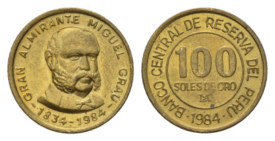 Перу 100 солей 1984 LIMA, 150 лет со дня рождения адмирала Грау KM 288 латунь aUNC 4679-145