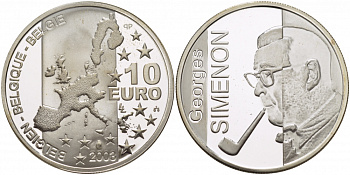 Бельгия 10 евро 2003 100 лет со дня рождения Жоржа Сименона KM 235 серебро PROOF 1085-5-11
