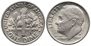 США 10 ЦЕНТОВ = 1 ДАЙМ 1981 Р, РУЗВЕЛЬТ KM 195а медь плакированная медно-никелем 73-1741