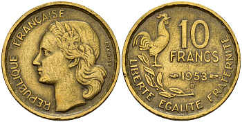 Франция 10 франков 1953 B, петух KM 915.2, Le Franc 363.9 алюминиевая бронза    4189-234