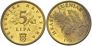 Хорватия 5 лип 1997 дуб, легенда на хорватском KM 5 сталь плакированная латунью 4154-619