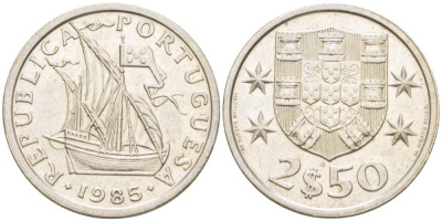 ПОРТУГАЛИЯ 2,5 ЭСКУДО 1985 ПАРУСНИК KM 590 медно-никель 4523-1121