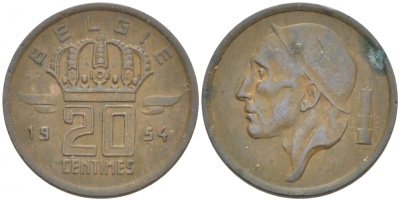 Бельгия 20 сантимов 1954 Belgie, Бодуэн I (1951-1993) KM 147.1 бронза 3718-336
