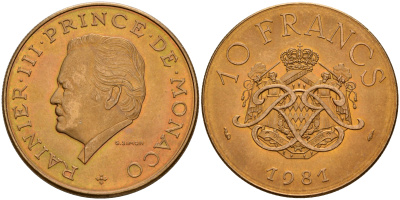 Монако 10 франков 1981 Ренье III (1949-2005) KM 154 медь алюминий никель  UNC 4595-226