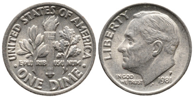 США 10 ЦЕНТОВ = 1 ДАЙМ 1981 Р, РУЗВЕЛЬТ KM 195а медь плакированная медно-никелем 73-1741