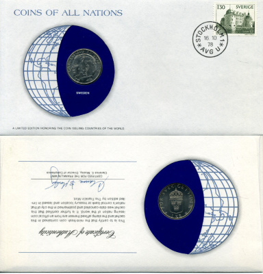 Швеция 1 крона 1978 конверт с маркой первого дня гашения, Coins of Nations, Карл XVI Густав (1973- ) KM 852 медь плакированная медно-никелем UNC 4294-41-1