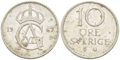 Швеция 10 эре 1967 U, Густав VI Адольф (1950-1973) KM 835 медно-никель 3955-326