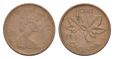 Канада 1 цент 1965 Елизавета II (1952-2022), кленовый лист KM 59 бронза 4630-542