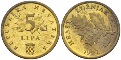 Хорватия 5 лип 1997 дуб, легенда на хорватском KM 5 сталь плакированная латунью 4154-619